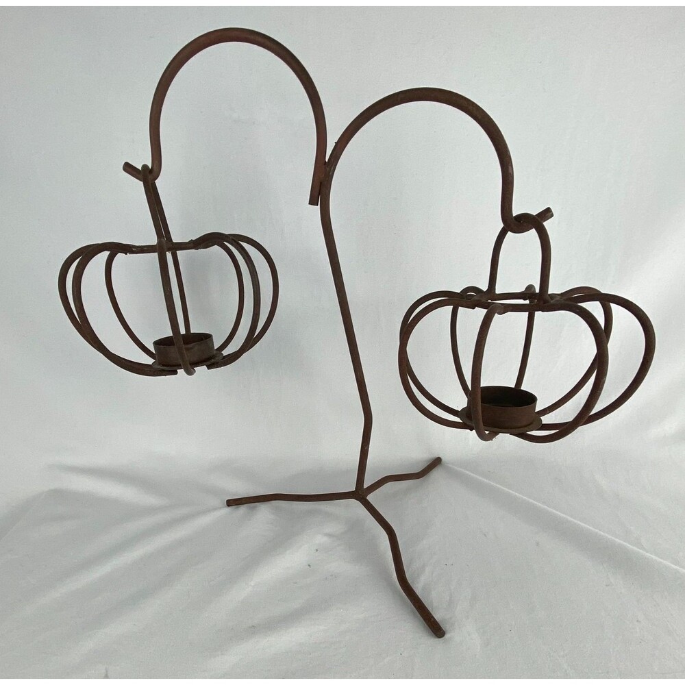 Metal Pumpkin 2 Votive Tea Light Candle Stand Holder‎ Fall Havest 13.5" Decor